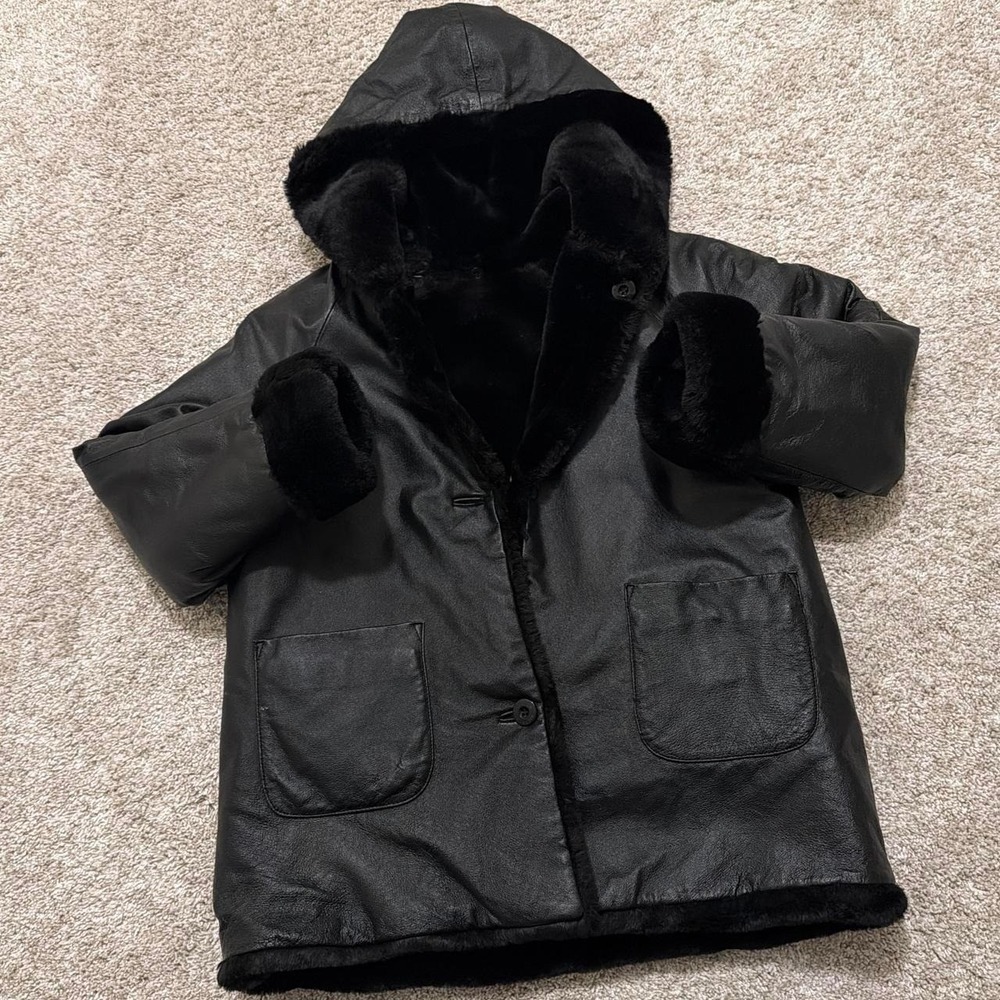 90s Vintage Batman X Wilsons Leather Hooded Coat | Black | Large